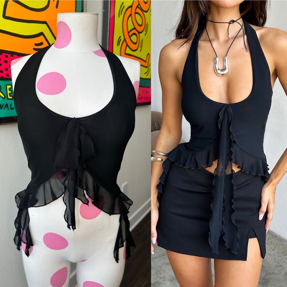 Tiger Mist Grainne Ruffle Halter Top Black XS NWT